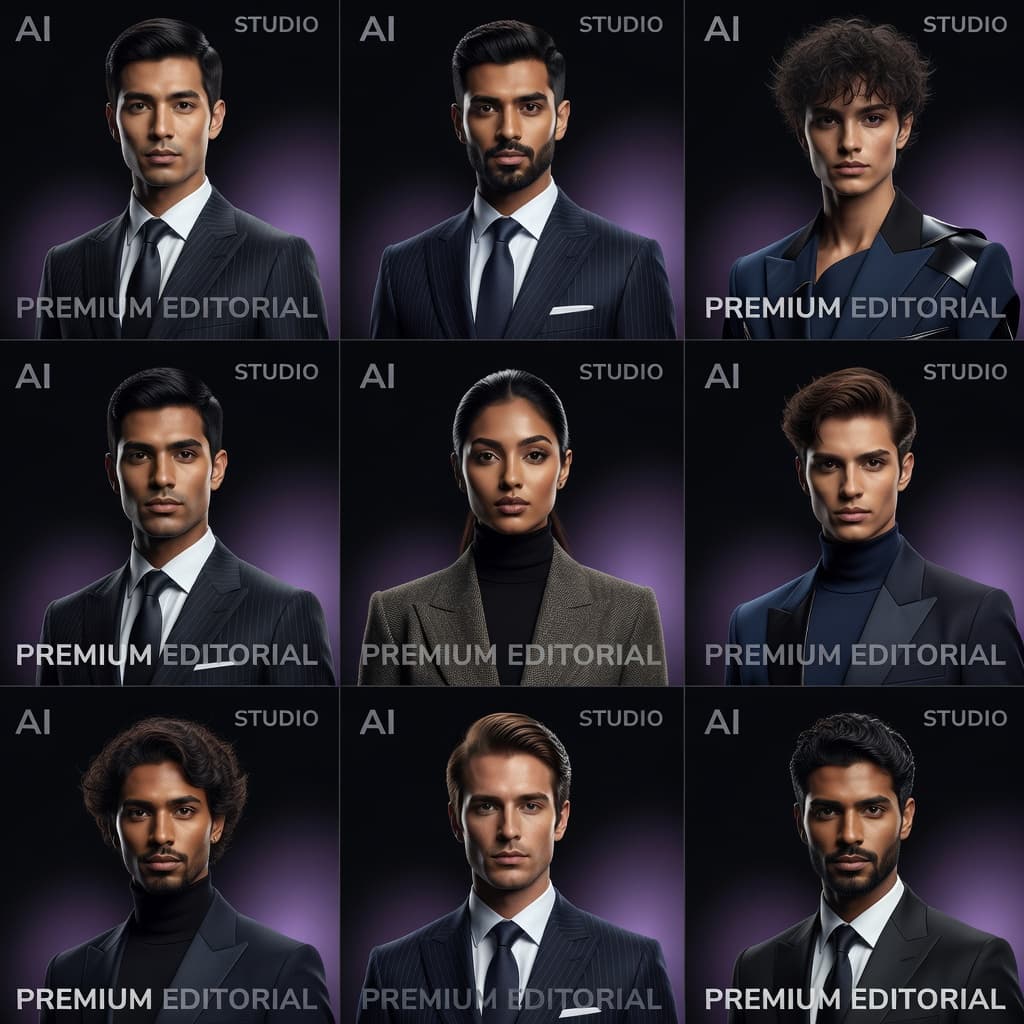 Premium grid of AI portraits and headshots created with SelfAI – AI Photo Studio