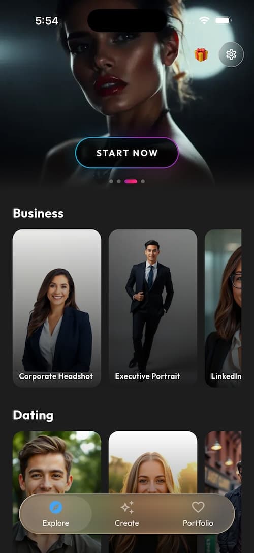 SelfAI AI Photo Studio app home screen on iPhone showing AI headshot styles