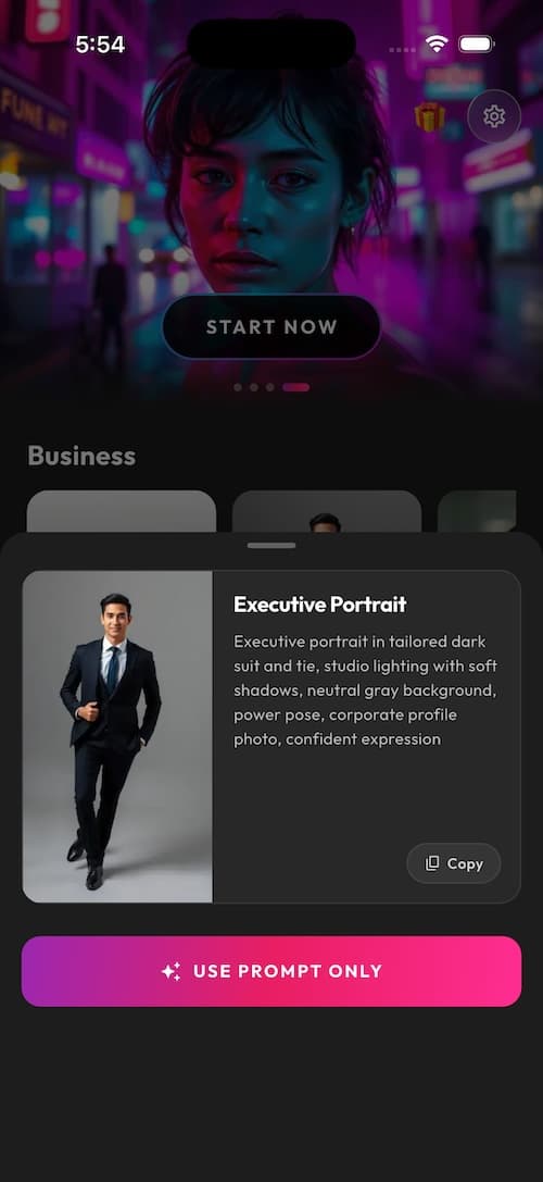 AI portrait style selection screen inside SelfAI – AI Photo Studio